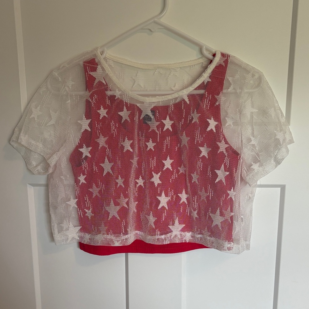 SHEIN Red and White Star Mesh Crop Top